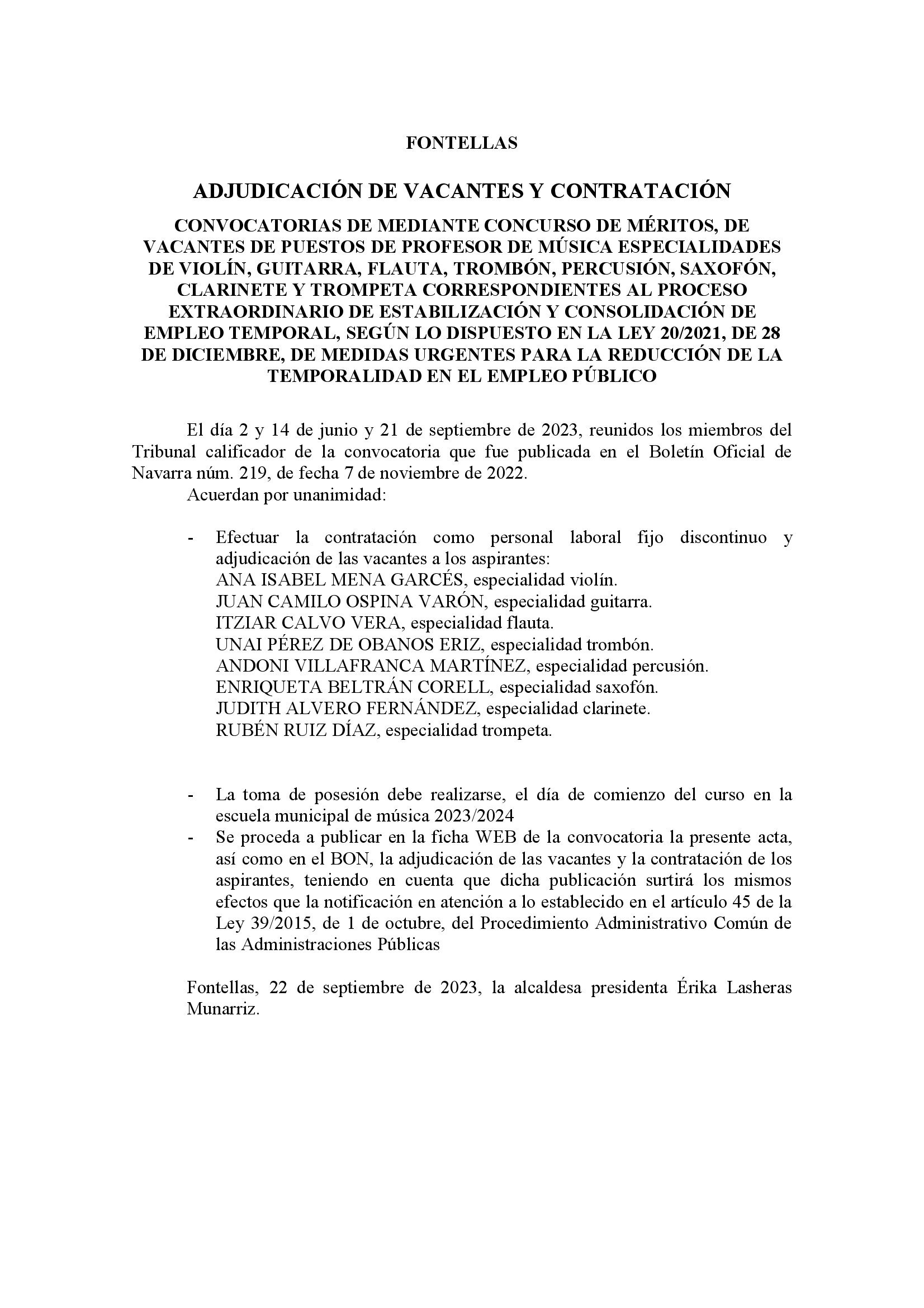 Anuncio BON adjudicación de vacantes y contratación música