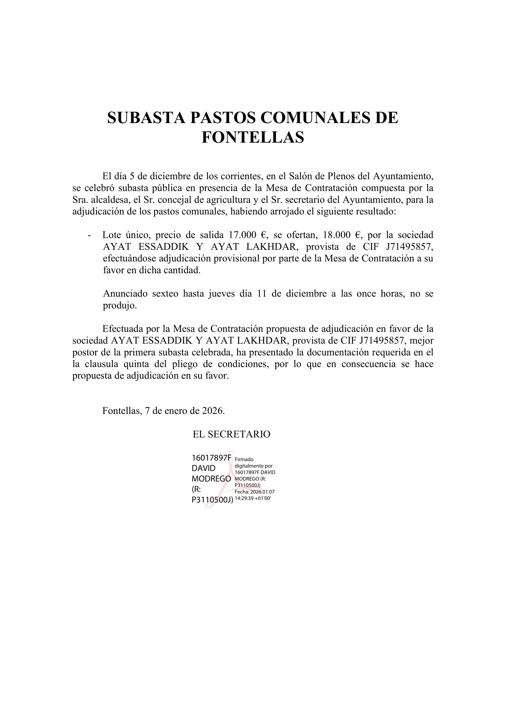 Propuesta de adjudiciación
