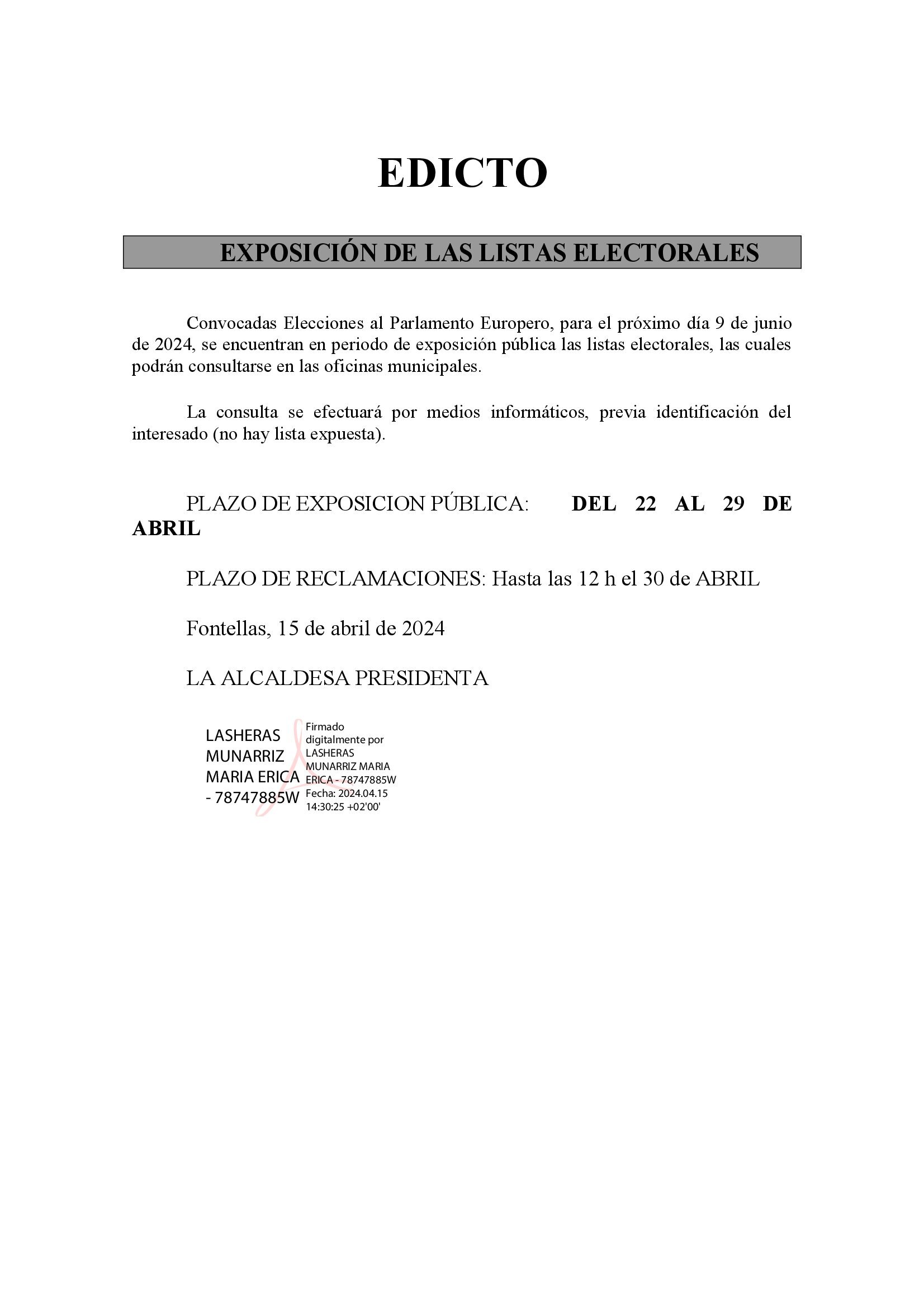 EDICTO Exposición listas electorales