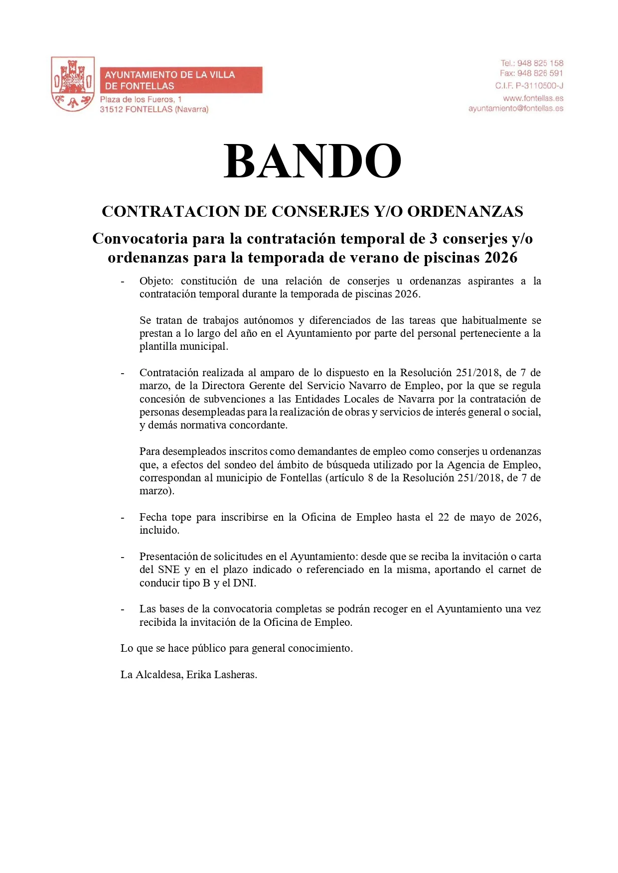 Bando contratación conserjes u ordenanzas para las piscinas 2026
